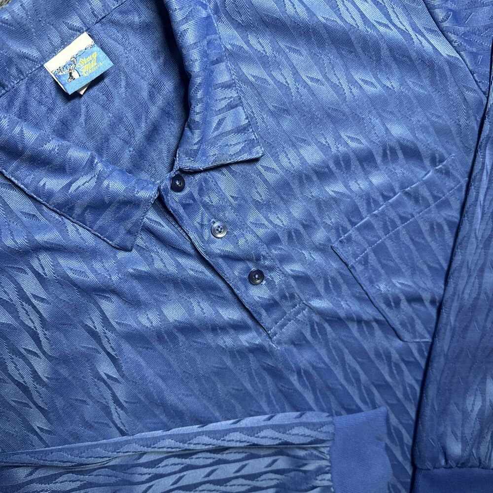 STAG HILL Vintage Geometric Striped Mesh Blue Long Sleeve Polo Shirt Men’s L